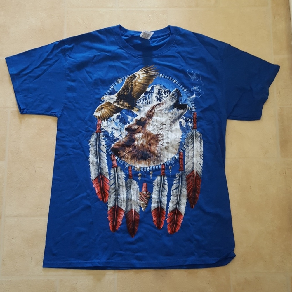 blue graphic t-shirt with wolf and eagle